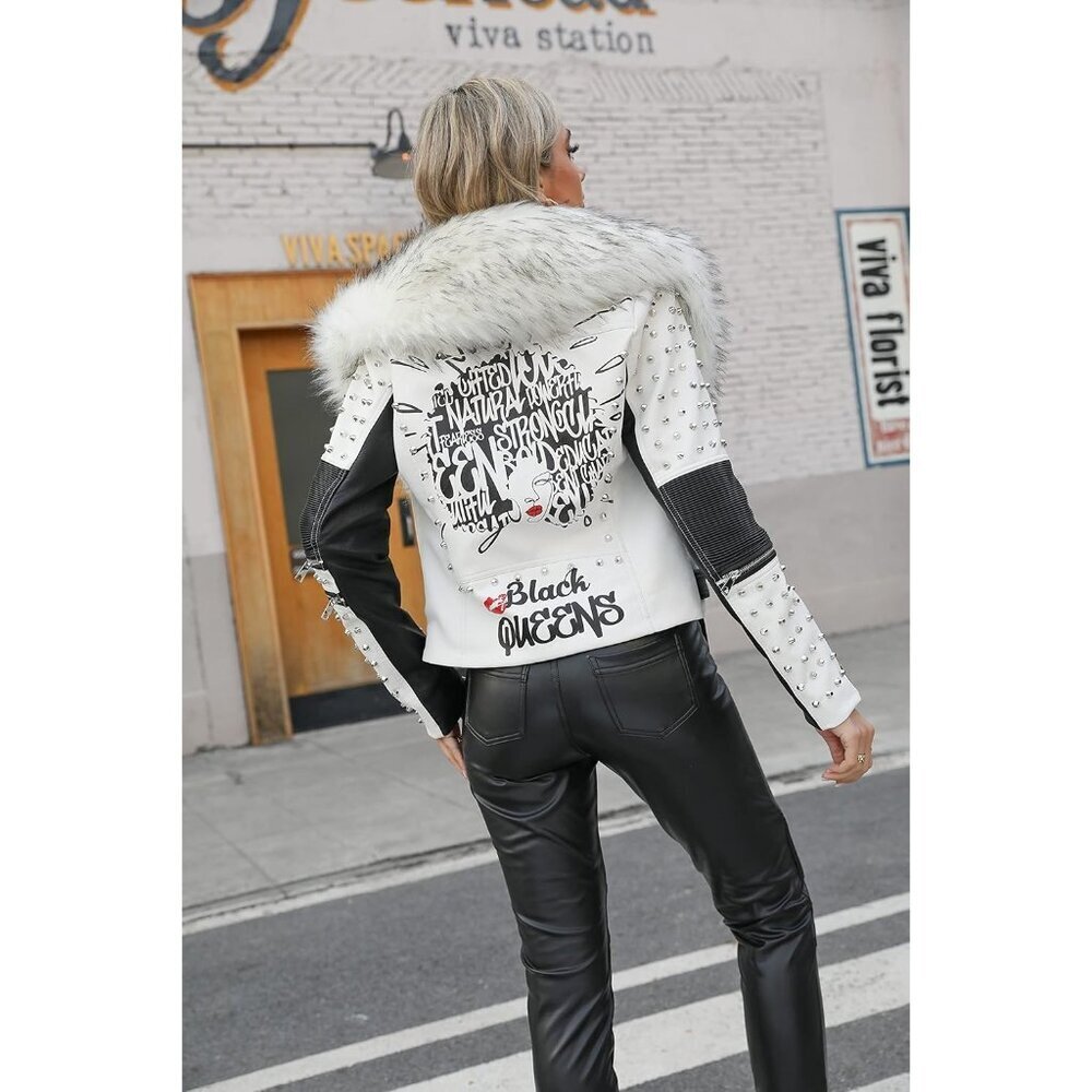 Women White Collar Studded Rivet Floral Biker Short Lapel Coat Leather Jacket - Picture 6 of 6